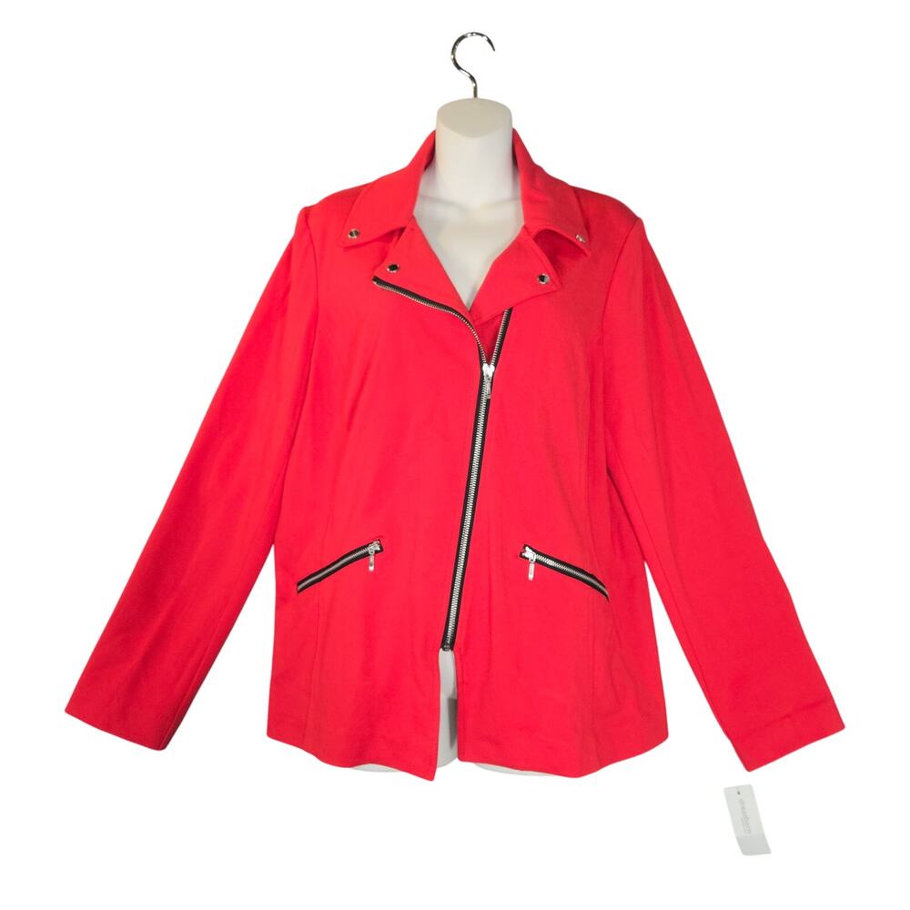 Roz & Ali‎ Womens Large Full Zip Red Blazer Jacket Stretch Asymmetrical Career